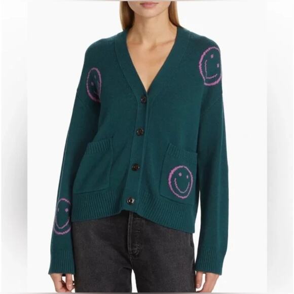 Rails Teal and Pink Smiley Face Sweater - Picture 1 of 11